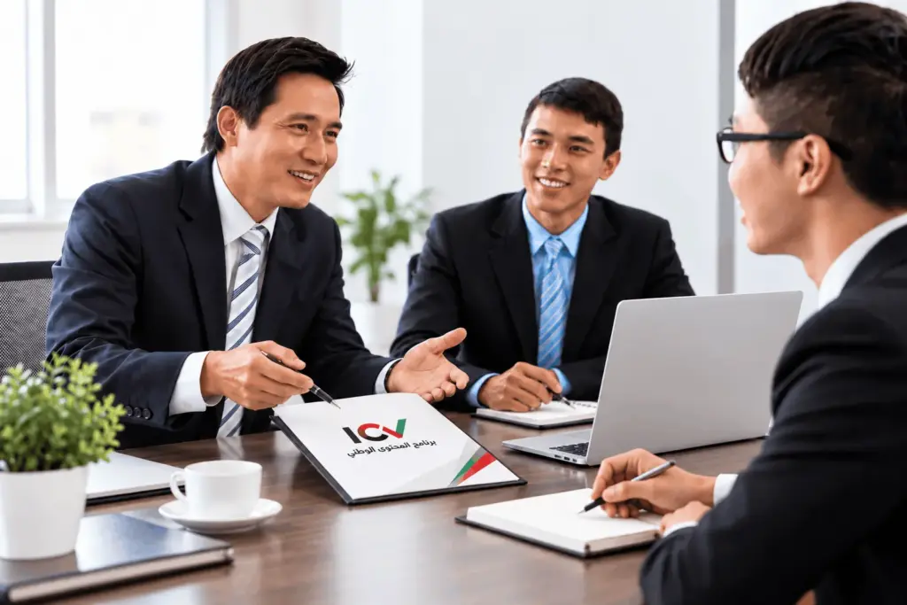 Discussing UAE In-Country Value (ICV) certification requirements during a corporate advisory meeting.
